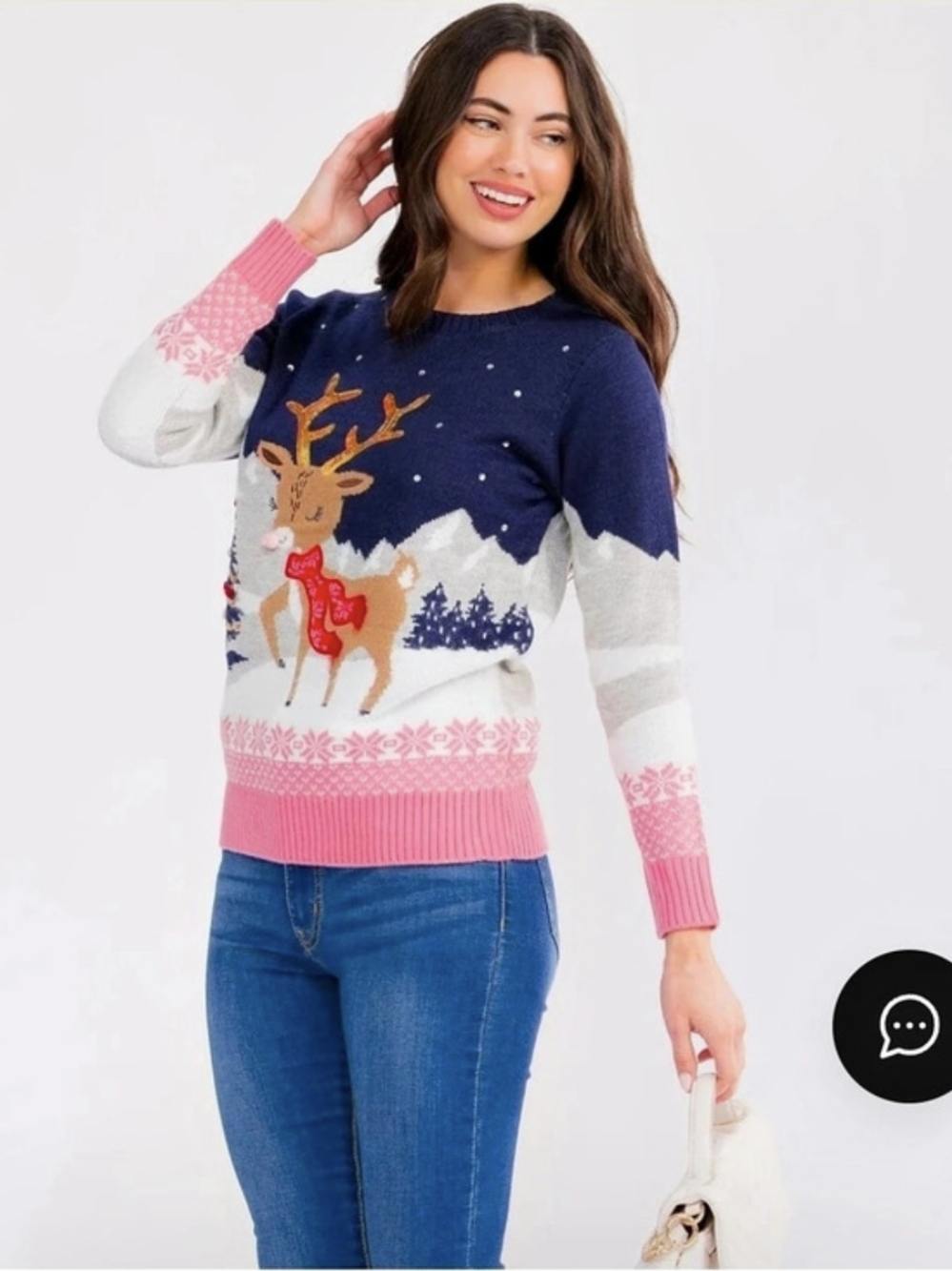 Small Tres Chic Reindeer Crewneck Sweater Blue & Pink Small